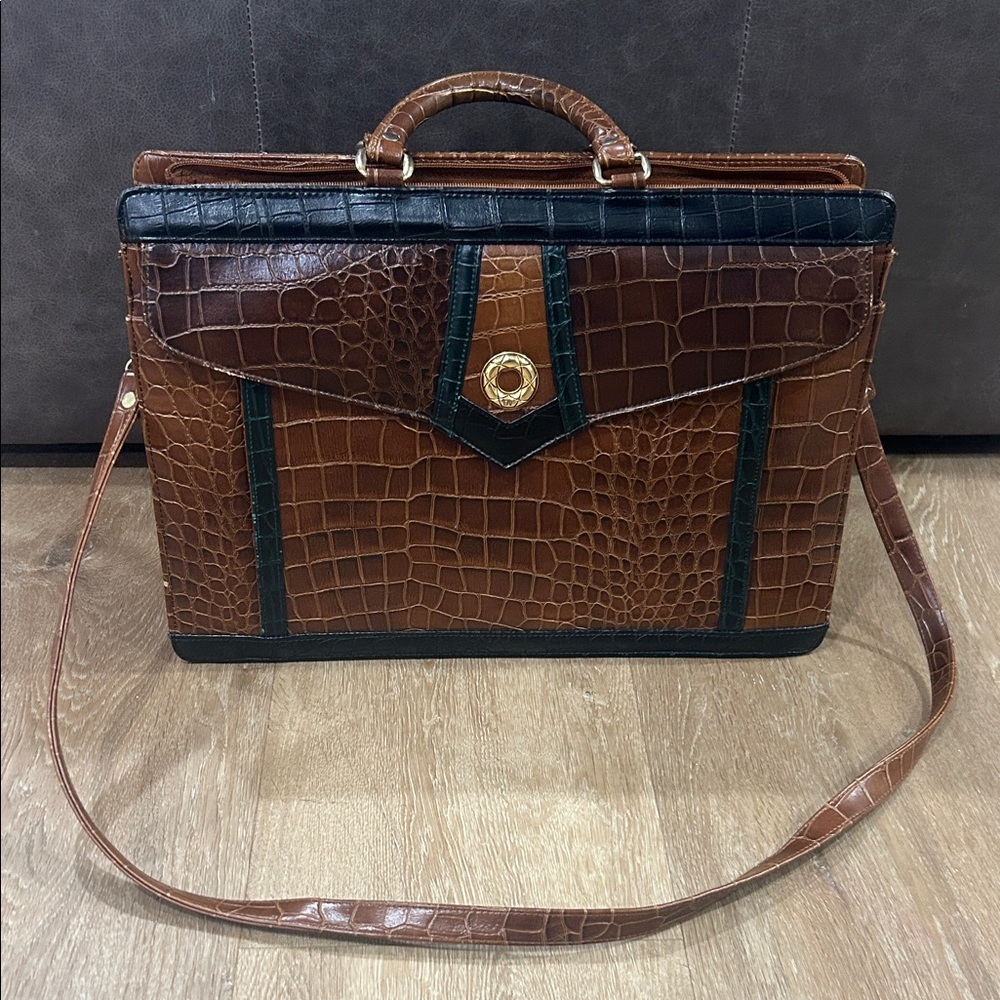 Croc-Embossed Brown and Black Leather Briefcase